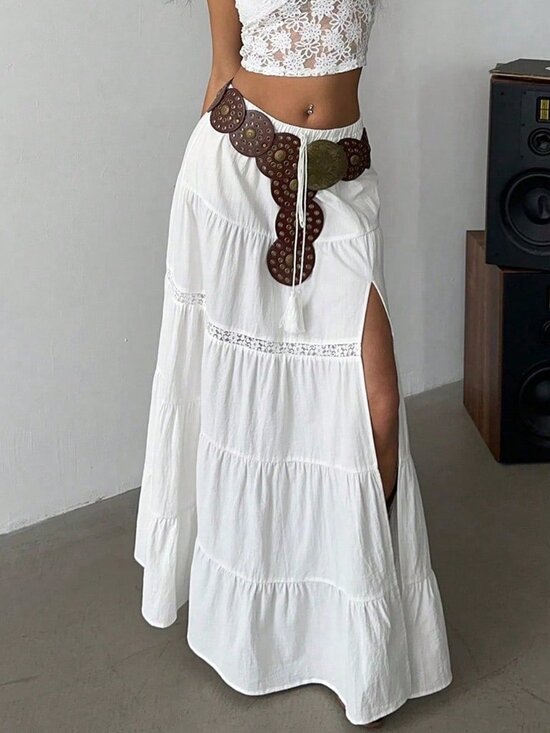 Dresses & Skirts - White Boho Women's Beach High-Slit Maxi Skirt with Elastic Waist